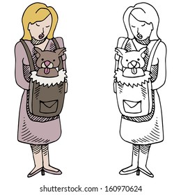 An image of a woman and her dog in a backpack pet carrier.