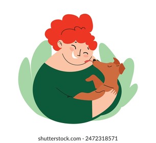 In the image, a woman is holding a dog that is kissing her.