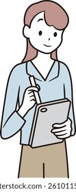 Image of a woman holding a tablet and a touch pen