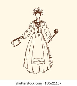 Image of woman in kitchen. Sketchy woman silhouette in retro clothes. Cook