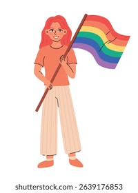 Image of woman with lgbt flag. Pride month celebration. Flat vector illustration.