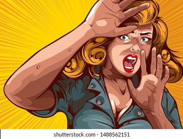 The image of a woman lifting her hand, protecting herself and having extreme fear, comic cover template on yellow background.