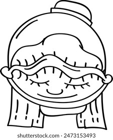 The image of a woman looking down is in the form of colorless line art