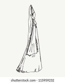 Image of woman in medieval  historical clothes. Lady in gothic style dress. Hand drawn linear woman silhouette