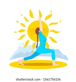 The image of a woman in nature performing the pose of a hero, virabhadrasana. It can be used as inspiration for practicing yoga in the fresh air.