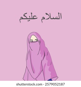 Image of a woman in niqab with peace sign, with Arabic Calligraphy of Assalamu Alaikum, in english is translated : Peace Upon of You perfect for multicultural concepts and diversity in advertising cam