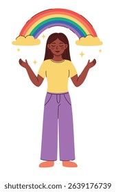 Image of woman with rainbow. Pride month celebration. Flat vector illustration.
