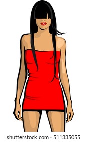 an image of a woman in a red dress. She has long brown hair that covers part of her face. The image is made in a minimalist style, with a bright accent on a red dress and clear black lines.