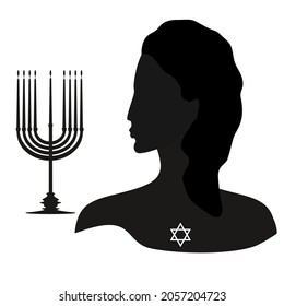 Image of a woman, star of David, minor, seven-legged candlestick - black on white background - vector. Traditional religious national holiday. Hanukkah. Jewish images and symbols.