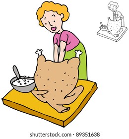 An image of a woman stuffing a turkey.
