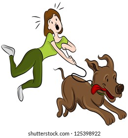 An image of a woman trying to walk her dog.