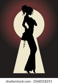 Image of a woman wearing a long dress with a high neckline and high heels. Silhouette black and white. The background is a gradient of orange and red with a large white keyhole in the center. 