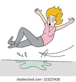 An image of a woman who slips on a wet floor.