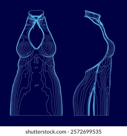 The image is of a woman's body, with the left side showing a more natural and realistic appearance, while the right side is a more stylized and abstract representation