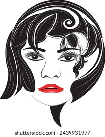 image of a woman's face with red lips with long hair with art
