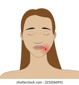 An image of a woman's head with a schematic indication of toothache in red