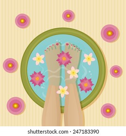 image of women legs in a basin with lotos and frangipane flowers, surrounded with candles