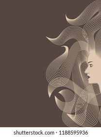 Image women with long hair style icon. Isolated symbol of women with flowing hair on brown background. Graphic sign. Logo. Vector illustration 