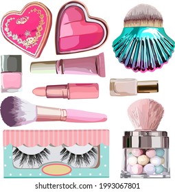 Imagen de cosméticos femeninos. Blush. Pinceles de maquillaje. Esmalte de uñas. Clipart digital. Moda.Vector