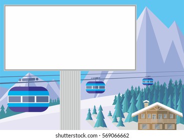The image is a wooded mountain slope, the Chalet and the cable car. Beautiful winter landscape. Vector background.