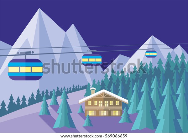 The image\
is a wooded mountain slope, the Chalet and the cable car. Beautiful\
winter landscape. Vector\
background.