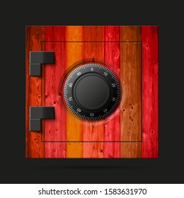 Image of wooden safe. Armored box background. Wood door safe a bank vault with a combination lock. Reliable Data Protection. Long-term savings. Deposit box safe icon.Protection of personal information