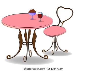 Image Of A Wooden Table And Chair In An Old Vintage Style. Wine Glasses And 
Candy Vase. Elegant Pink Furniture With Hearts. EPS10 Vector Illustration