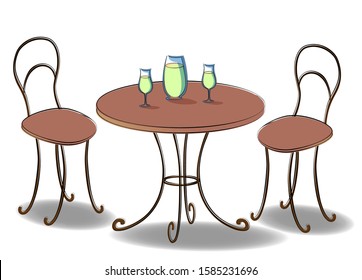 Image of a wooden table and chairs in an old vintage style. Wine glasses and carafe. EPS10 vector illustration