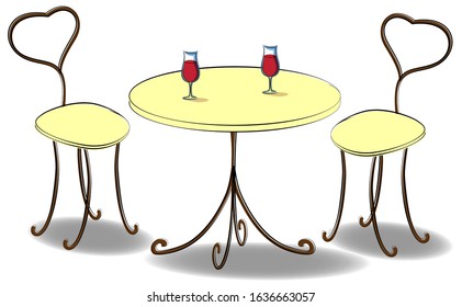 Image of a wooden table and chairs in an old vintage style. Glasses of red wine. Romantic furniture with hearts. EPS10 vector illustration