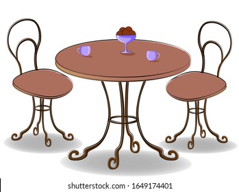 Imagen de una mesa y sillas de madera con motivos de estilo antiguo. Tazas de té y un jarrón de dulces. Mobiliario elegante. Ilustración vectorial EPS10