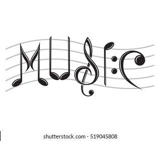 Image of word music as notes. Vector illustration