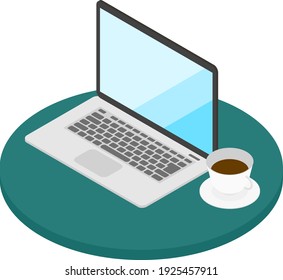 Image of working from home, illustration of laptop and coffee on the table, isometric 