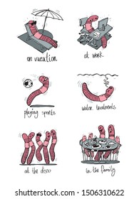 The image of the worm at different activities, work, with the family, sports, recreation, dancing. Black and white illustration, design of the Internet and paper publications, products, sticker.