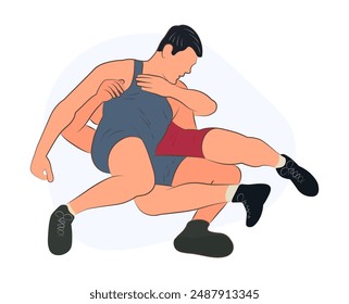 Image of wrestlers in a prone position, Greco-Roman wrestling, duel, sketch outline