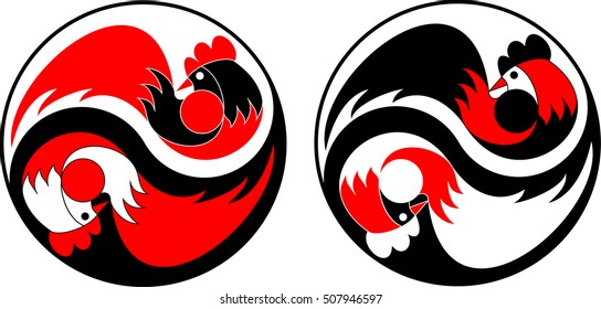 Image yin-yang with colored roosters