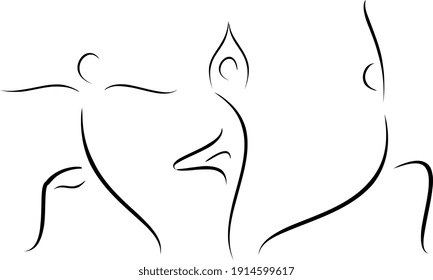 Image of yoga postures. Meditation icon. Line drawing of women fitness concept, vector health illustration. Mindfulness  fitness exercises. Woman yoga pose illustration. Line art of female posing.