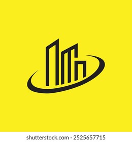 A imagem fornecida representa um logotipo preto em um plano de fundo amarelo. O logotipo apresenta uma paisagem urbana estilizada com três edifícios representados por linhas verticais. Os edifícios estão incluídos numa curva