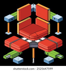 La Imagen que usted proporcionó representa una silla desmontada en sus componentes individuales. La silla parece tener un diseño modular, con varias secciones conectadas por juntas y Asistencias. Los componentes a