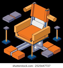 La Imagen que usted proporcionó representa una silla desmontada en sus componentes individuales. La silla parece tener un diseño minimalista con un marco de madera y un cojín naranja. Los componentes se muestran en