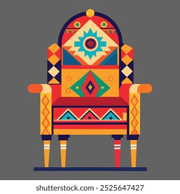 The image you provided depicts a colorful and ornate armchair with a geometric design. The chair features a high, arched backrest adorned with a central sun-like motif surrounded by intricate patterns