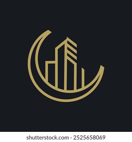 The image you provided depicts a gold-colored logo on a black background. The logo features a stylized cityscape with a tall skyscraper surrounded by a crescent moon shape. The skyscraper is designed 