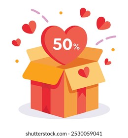 The image you provided shows a gift box with a red heart floating above it. The heart has the text "50%" inside of it. There are also several smaller hearts surrounding the gift box.

Based on the ima