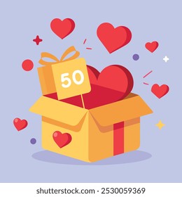 The image you provided shows a gift box with a red heart floating above it. The heart has the text "50%" inside of it. There are also several smaller hearts surrounding the gift box.

Based on the ima