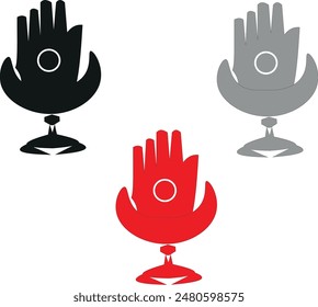 The image you uploaded features three stylized symbols resembling hands with an open palm, each mounted on a pedestal-like base. The hands have a circular symbol on the palm. There are three variation