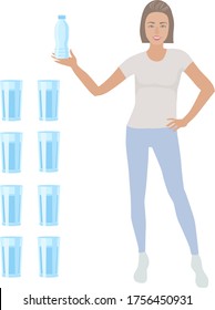 image of a young beautiful girl with a bottle of water in her hand, which stands against a background of eight glasses of water that are recommended to be drunk per day.
stock isolated illustration 