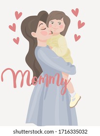 image of a young beautiful girl with long brown hair in a blue dress holding a little daughter in her yellow dress.
stock isolated illustration on white background for printing on postcards, websites,