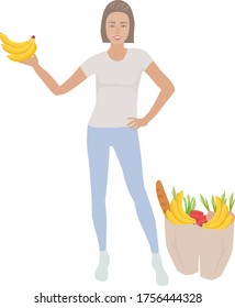 image of a young beautiful shopping girl who holds bananas in her hands.
stock isolated illustration on white background for printing on postcards, websites, shop advertising in cartoon style
