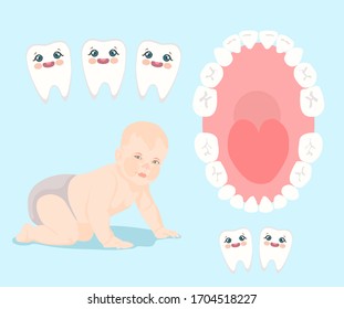 
image of a young child whose teeth are being cut. jaw with teeth on a blue background.
stock isolated illustration on blue background for printing on postcards, websites, shop advertising in cartoon