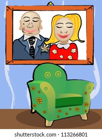 Image of a young couple behind the armchair.