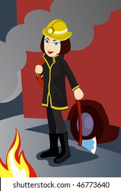An image of a young female firefighter standing in front of a fire engine with an axe while there is a fire burning in front of her